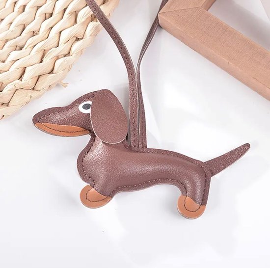 Teckel - Sleutelhanger - Leder - Bruin - Chocoladebruin - Teckelsleutelhanger - Tashanger - Leer - Hond