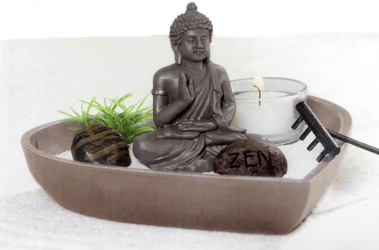 Atmosphera Hartvormig Mini Zen Tuin – Bruin plateau met boeddha, zand, stenen, harkje en kaars