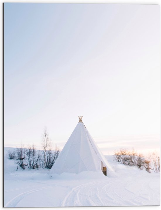 Dibond - Tent in de Sneeuw - 60x80 cm Foto op Aluminium (Met Ophangsysteem)