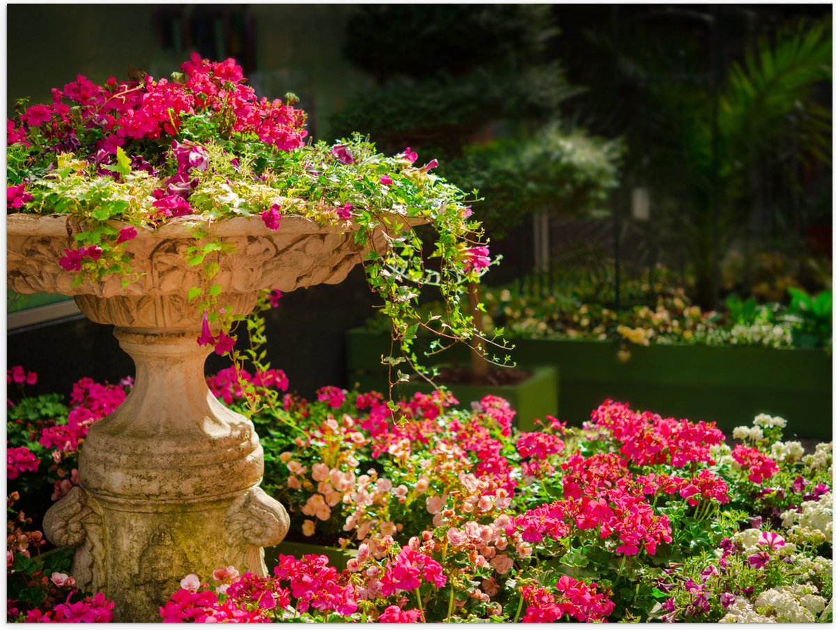 Poster (Mat) - Felroze Bloemen uit Fontein - 100x75 cm Foto op Posterpapier met een Matte