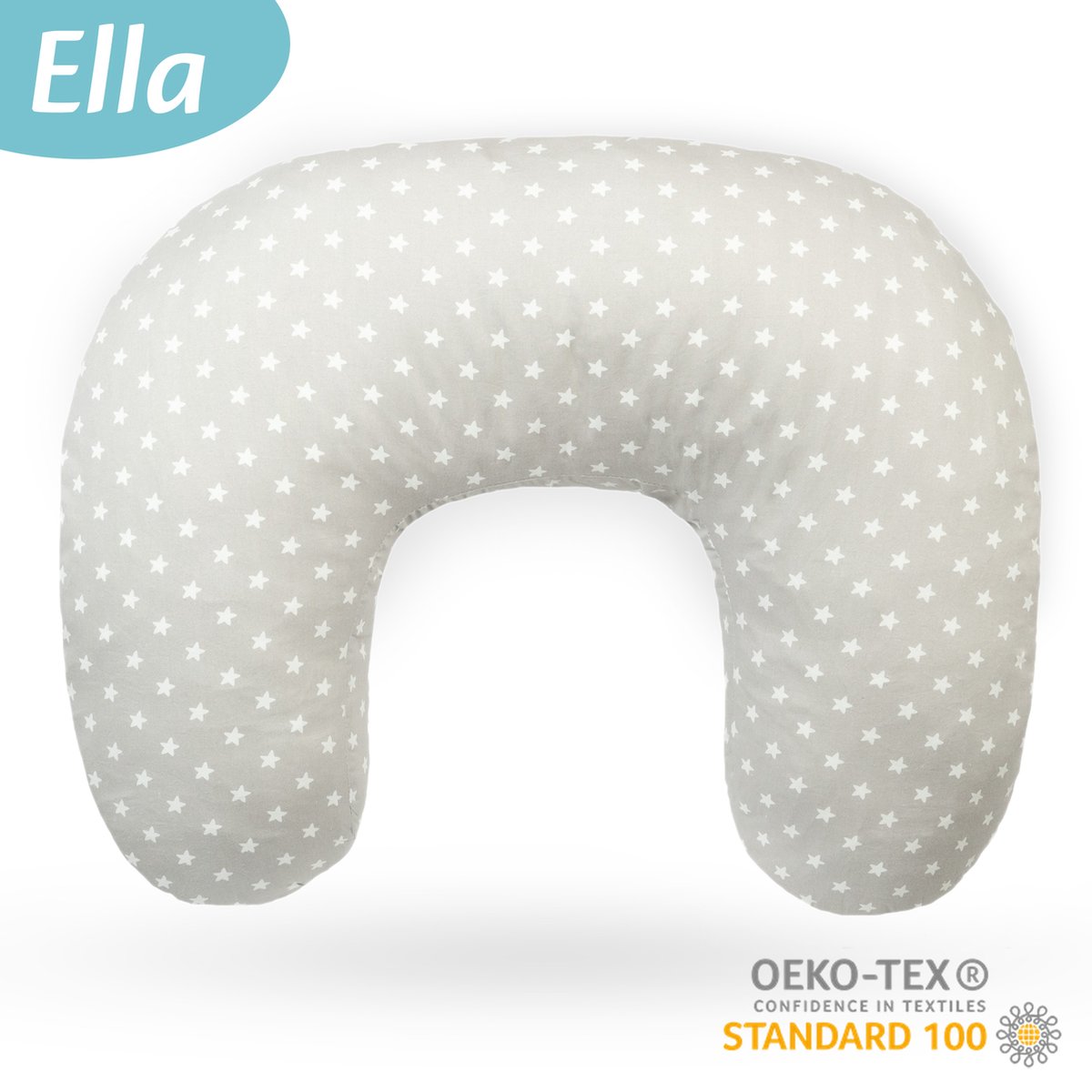 Ella Voedingskussen met hoes van 100% katoen - Zwangerschapskussen - Inclusief afneembare en wasbare hoes - Grijs met witte sterretjes - Ella