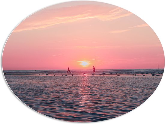 PVC Schuimplaat Ovaal - Roze Zonsondergang aan Zee met Meeuwen - 108x81 cm Foto op Ovaal (Met Ophangsysteem)
