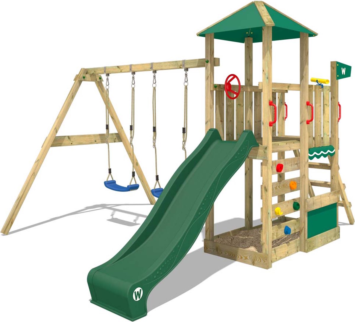 WICKEY speeltoestel klimtoestel Smart Savana met schommel & groene glijbaan outdoor kinderspeeltoestel met zandbak ladder & speelaccessoires voor in de tuin
