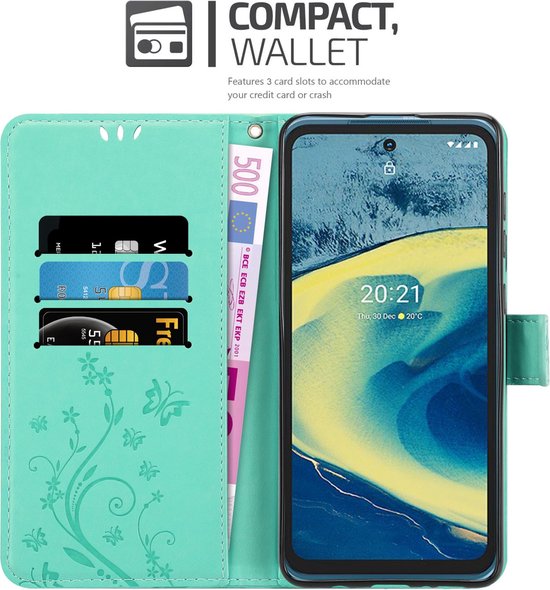 Cadorabo Hoesje geschikt voor Nokia XR20 in BLOEMEN TURKOOIS - Beschermhoes in bloemmotief met magnetische sluiting, standfunctie en kaartsleuven Book Case Cover Etui