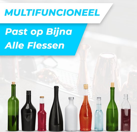 Rij met flessen in verschillende kleuren en maten. 'Multifunctioneel, Past op Bijna Alle Flessen'.