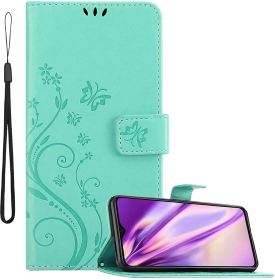 Étui de téléphone turquoise à imprimé floral avec dragonne amovible, téléphone en mode paysage.