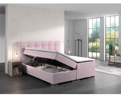 Boxspring Bed Malaga Roze Velvet 140x200 cm compleet met vaste matras en topper - bed compleet met opbergruimte - boxspring met opbergruimte- seatsandbeds
