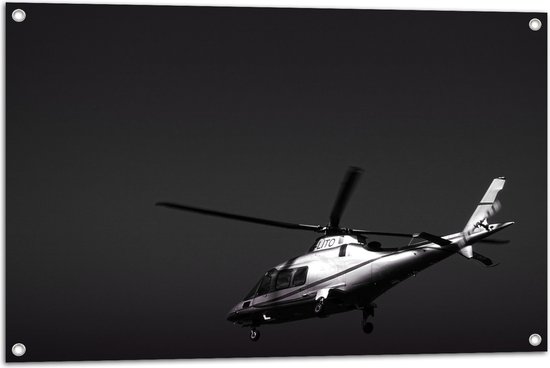 WallClassics - Tuinposter – Vliegende Helikopter in Zwart Wit - 90x60 cm Foto op Tuinposter (wanddecoratie voor buiten en binnen)