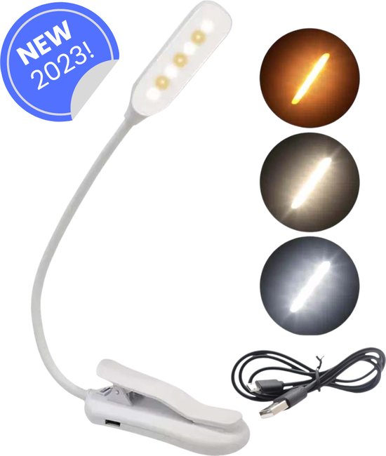 XEMM® Leeslampje voor boek - met klem - voor in bed - Bedlampje - USB oplaadbaar - 3 lichtstanden - Wit - Flexibele nek