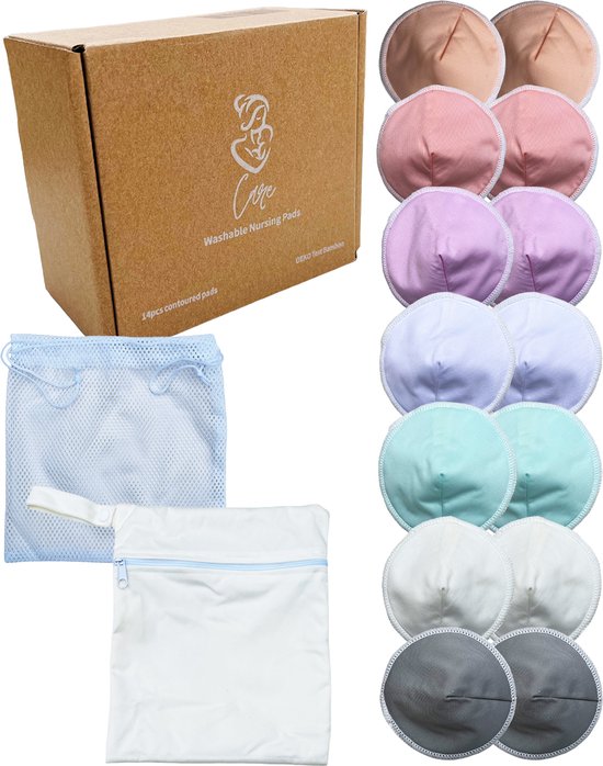 Care-Borstcompressen - Zoogcompressen wasbaar - borstvoeding pads - Incl. wasmachine zakje en Opbergzakje - Doorsnede 12 cm - 14 stuks