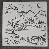 Stencil, Scene in de bergen, 20x20, kaarten maken, scrapbooking, sjabloon, knutselen, herbruikbaar