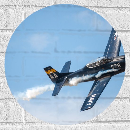 WallClassics - Muursticker Cirkel - Vliegende Blauwe Jachtvliegtuig - 40x40 cm Foto op Muursticker