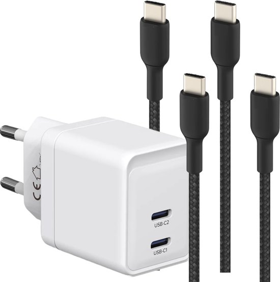 Snellader met 2x USB-C Poorten + 2x Stevige USB C Kabel 1 Meter - GaN Technologie - 35W Super Fast Charger