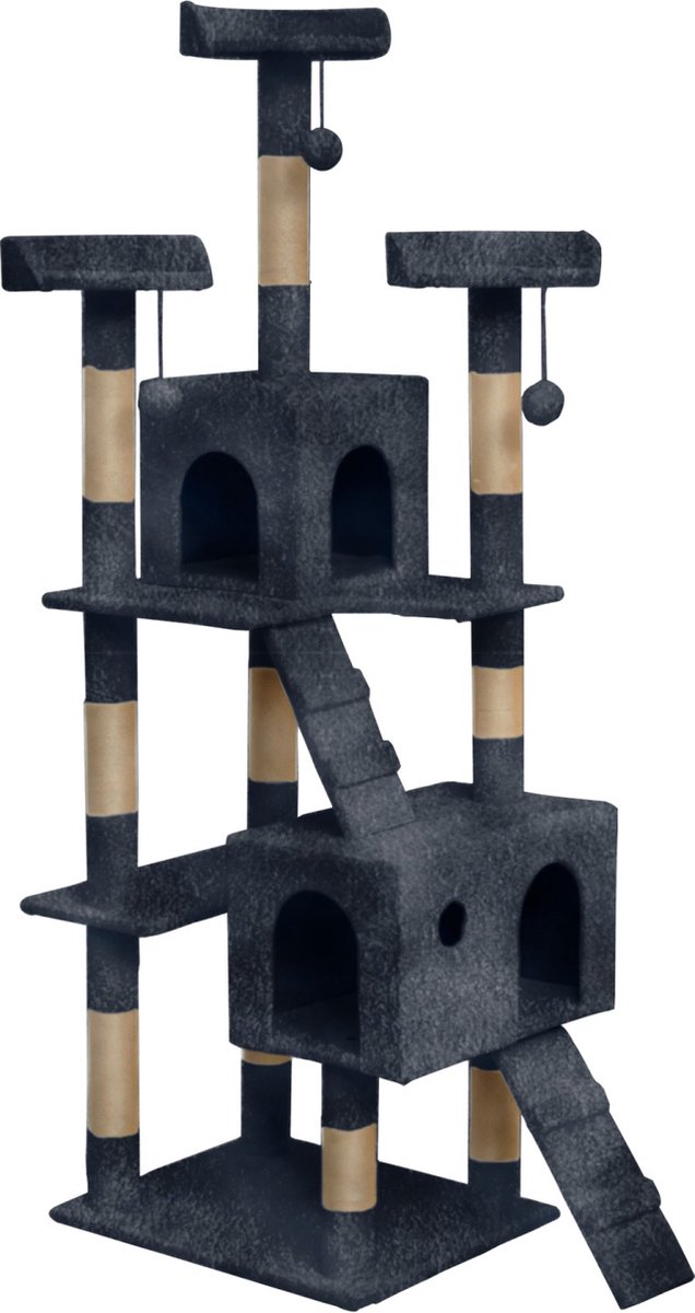 Intirilife krabpaal met een hoogte van 185 cm in grijs - stabiele kattenkrabpaal, klimboom met meerdere niveaus met uitkijkplatforms, grotten, pluche pom-poms en sisal krabpalen