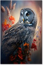 Graphic Message - Schilderij op Canvas - Grijze Uil - Herfst - Bloemen - Bos - Roofvogel - Vogel