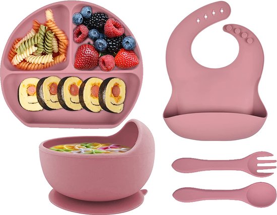 Ensemble Vaisselle Bébé Silicone 9 Pièces - Bavoir, Bol Ventouse, Couverts - Rose Intense