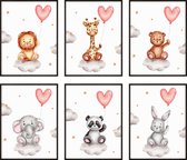 Kinderkamer Posters - Dieren met Ballonnen - 6 stuks - 30x40 cm - Baby Panda, Leeuw, Giraffe, Olifant, Teddybeer en Konijntje - Poster Set - Kinderposter - Babykamer - Babyshower Cadeau - Wanddecoratie - Muurdecoratie