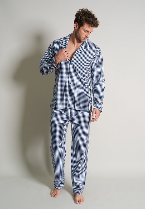 Gotzburg heren pyjama met knoopjes - donkerblauw geruit - Maat: S