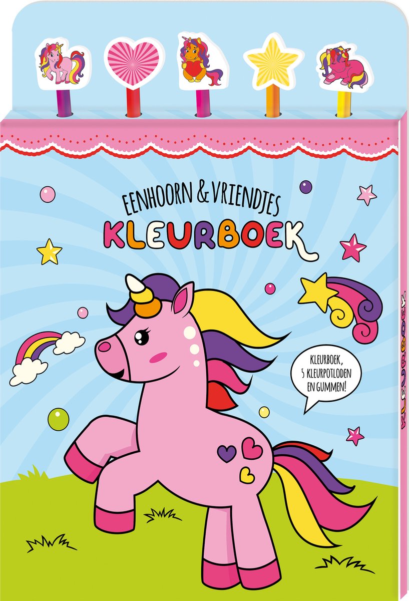 Kleurboek met kleurpotloden en gummen - Eenhoorn & vriendjes