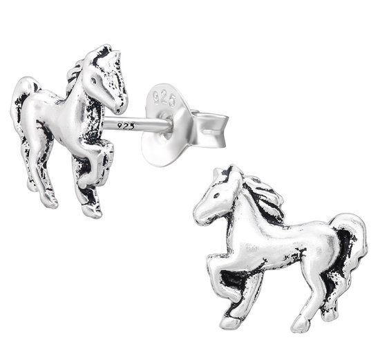 Joy|S - Zilveren paard oorbellen - 10 mm x 9.5 mm - geoxideerd - kinderoorbellen