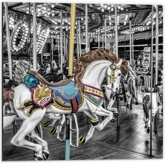 Dibond - Sierlijk Paard in Carrousel - 50x50 cm Foto op Aluminium (Met Ophangsysteem)