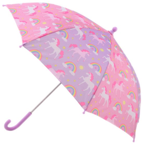 Roze en paarse paraplu met eenhoorns en regenbogen, met gebogen handvat.