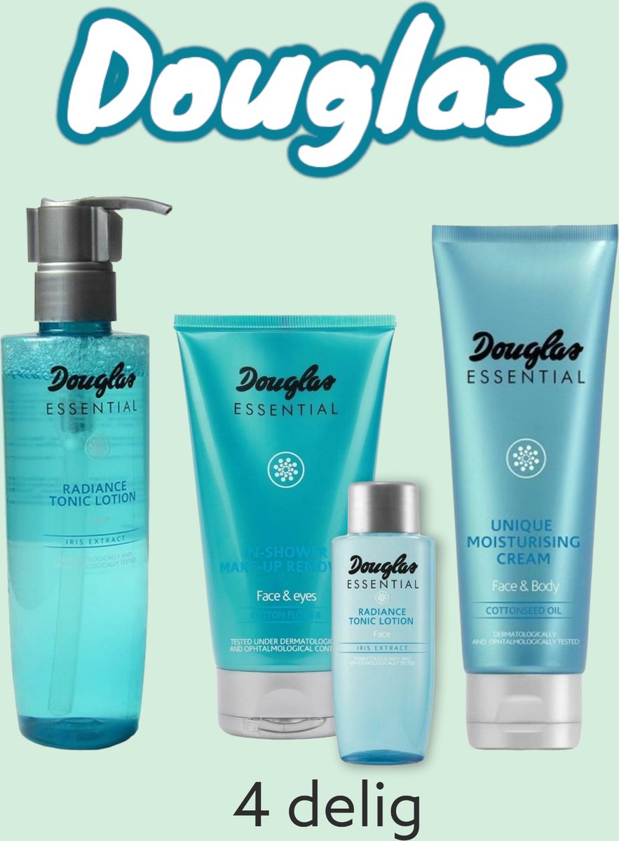 Douglas - Essential - 4 delige Cadeau set -Face/Body Cremé - Make-up cleaner - Reinigingslotion - Face lotion - Cadeau Tip !
