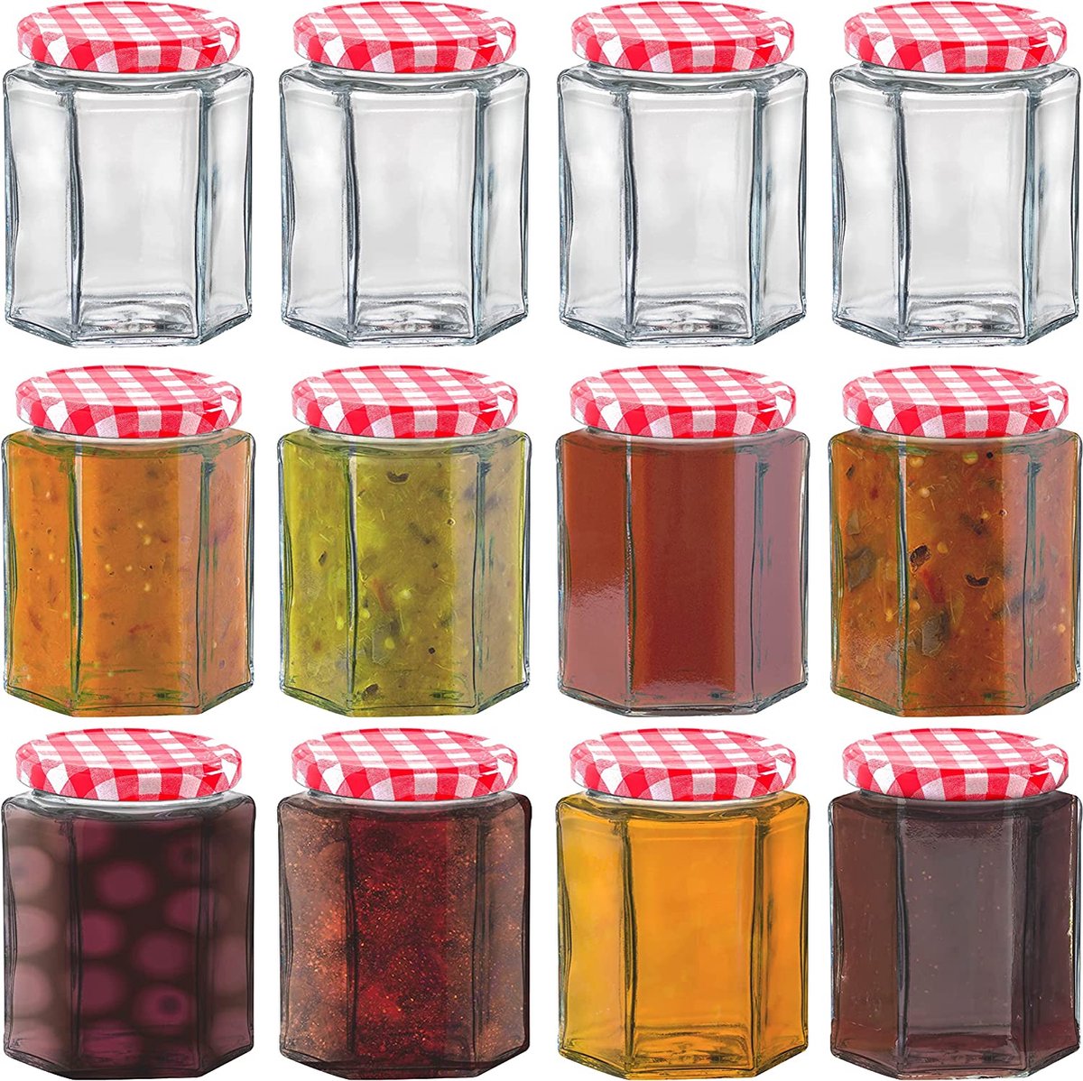 HEFTMAN Kleine glazen potten met deksels - 12 stuks luchtdichte 250 ml jampotten met rode gingham-deksels voor gebruik als beitskruiken, glazen potten voor het maken van kaarsen, conserveren van potten en meer - zeshoekige kleine potten (leeg)