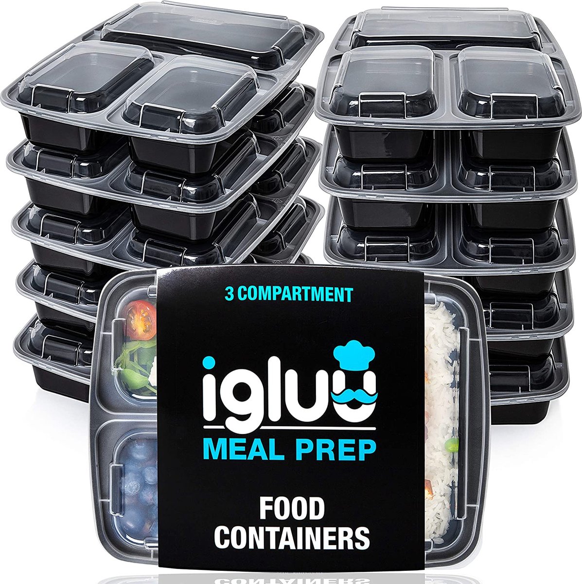 [20 Stuks] 3 Compartimenten BPA Vrij Herbruikbare Meal Prep Containers - Plastic Voedsel Bakjes met Luchtdichte Deksels - Magnetron, Vriezer en Vaatwasserbestendig - Stapelbare Bento Box (900 ml)