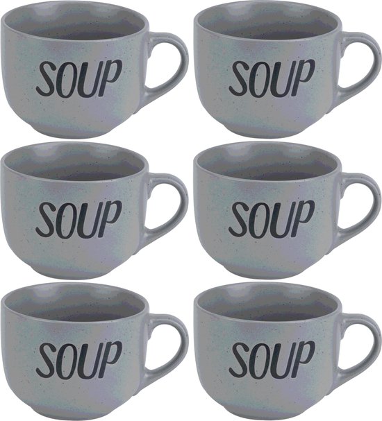 6x Tasses à soupe en poterie grise 11 cm 510 ml - Matériel de cuisine / cuisine - Vaisselle - Service à soupe - Tasses à soupe / bols à soupe 1 pièce