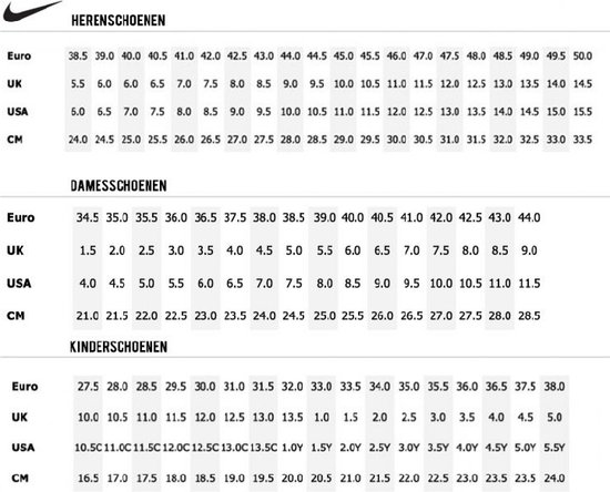 Maattabel Nike Maten Size Guide Maattabel Nike Junior Kleding