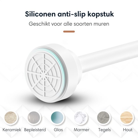 Close-up van een witte gordijnroede met siliconen anti-slip uiteinde, geschikt voor keramiek, glas, marmer, tegels en hout.