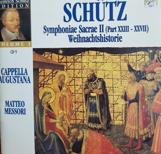 Albumhoes met een schilderij van de aanbidding der wijzen. Het album is "Heinrich Schutz".