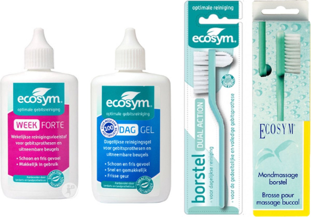 Goedkoopste Ecosym Voordeelpakket - Weekbehandeling Gel, Dagbehandeling Gel, Dagbehandeling Gebitsborstel & Mondmassageborstel