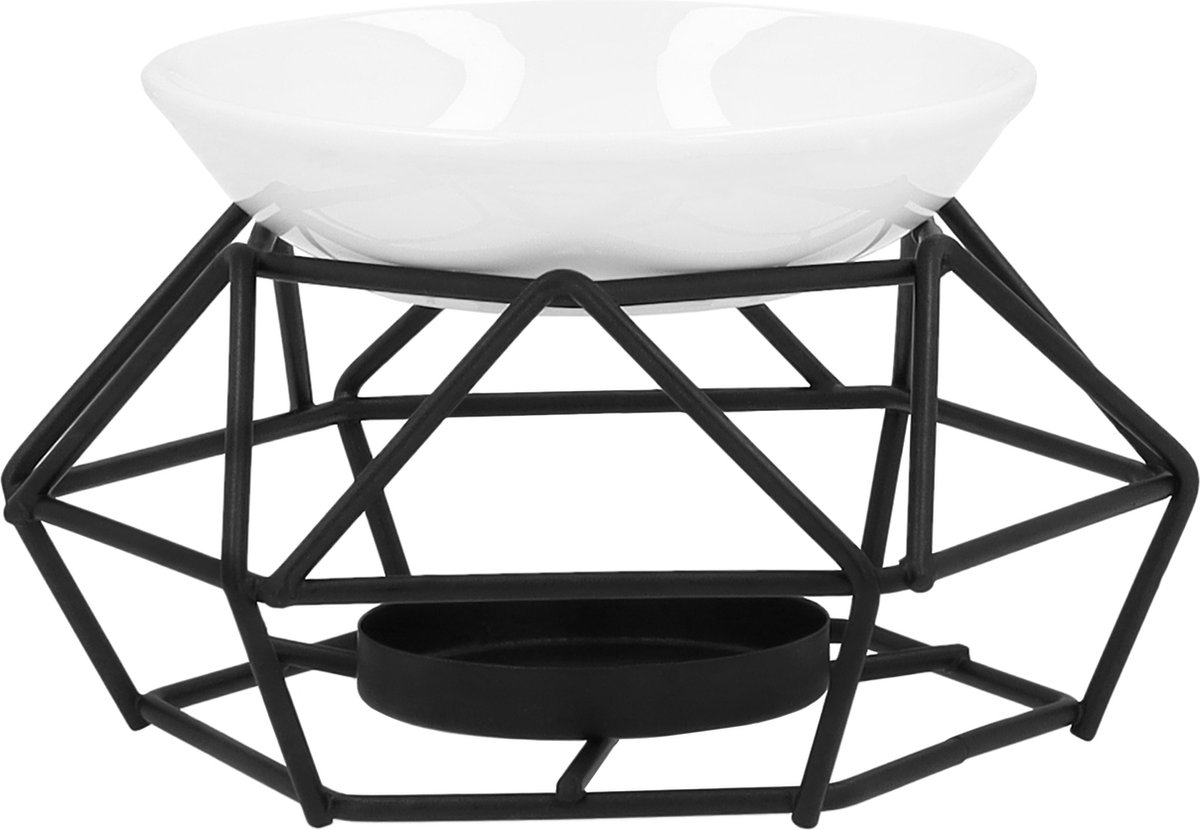 Goedkoopste QUVIO Aromabrander van keramiek met metalen houder - Geurbranders - Oliebrander - Geurverspreider - Theelichtjeshouder - Zwart met wit - 11 x 11 x 6 cm