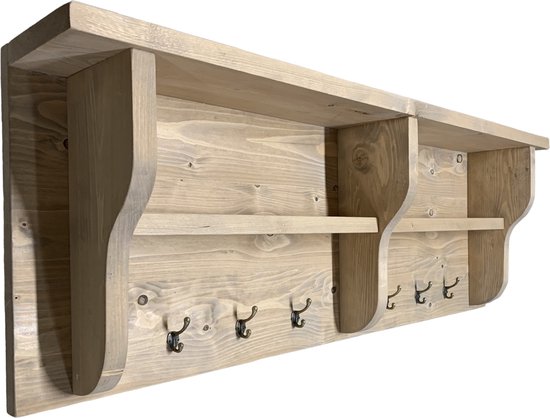 YMYNY Wandhaken met Plank, Wandgemonteerde Pianokapstok met Intrekbare Haken, Houten Wandkapstok voor Hal, Slaapkamer voor Het Ophangen van Kleding/Jassen /Sleutels/Tassen, Zilvergrijs, HWS007Y-2