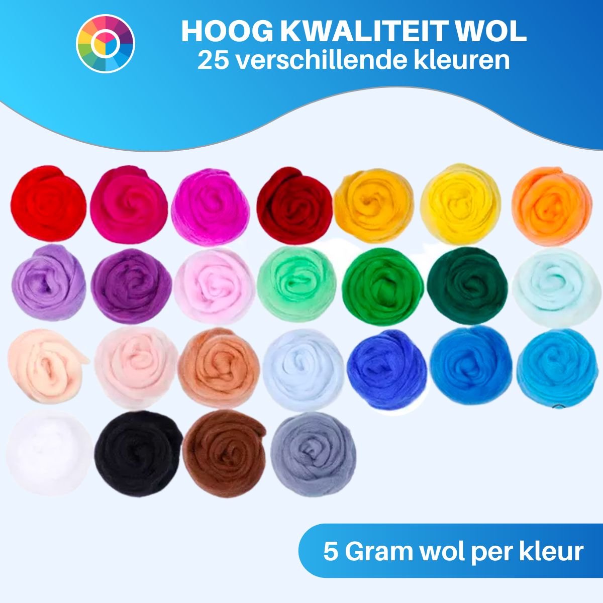 JT Products Naaldvilten Starterset Met 25 Kleuren 125 Gram Viltwol - 5 Gram Wol per Kleur + 50 Tools - 70 Stuks - Needle Felting Pakket - Knutselen Voor Beginners & Gevorderde - 7 Viltnaalden Vilten - Naald Vilt Kado - Knutsel Naaldvilt Cadeautjes — afbeelding 2