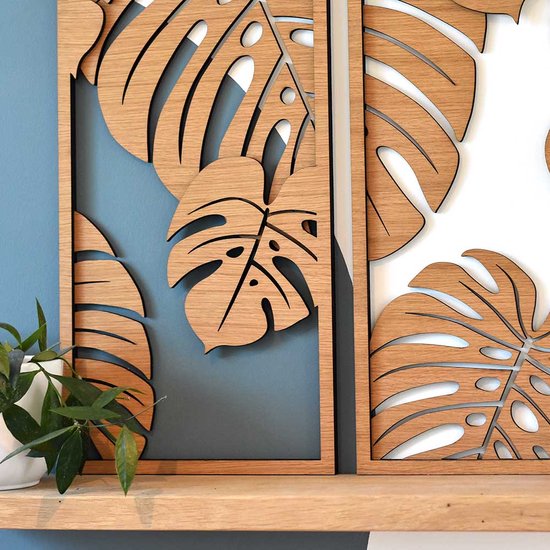 Monstera Jungle drieluik - houten wanddecoratie - L - eiken
