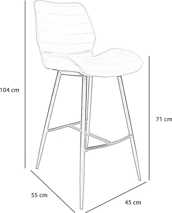 Schematische weergave van een antracietkleurige barkruk met afmetingen: 104 cm hoog, 71 cm zithoogte.
