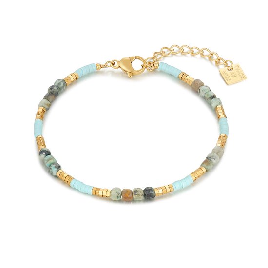 Twice As Nice Armband in goudkleurig edelstaal, blauwe en groene steentjes 16 cm+3 cm