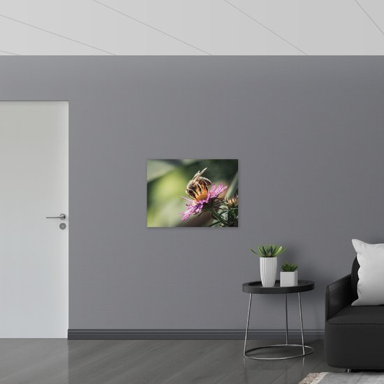 WallClassics - Panneau en mousse PVC – Guêpe sur Bloem violette avec branche verte – 80 x 60 cm Photo sur panneau en mousse PVC