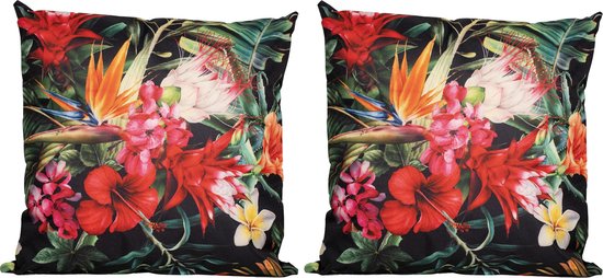 4x Bank/sier kussens donkergroen voor binnen en buiten tropische bloemen print 45 x 45 cm - Tropische tuin/huis kussens