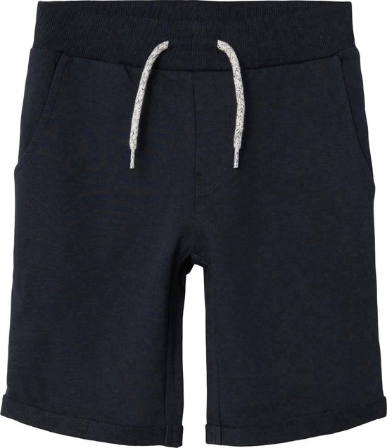 Donkerblauwe korte broek met tailleband met trekkoord en omgeslagen zoom.
