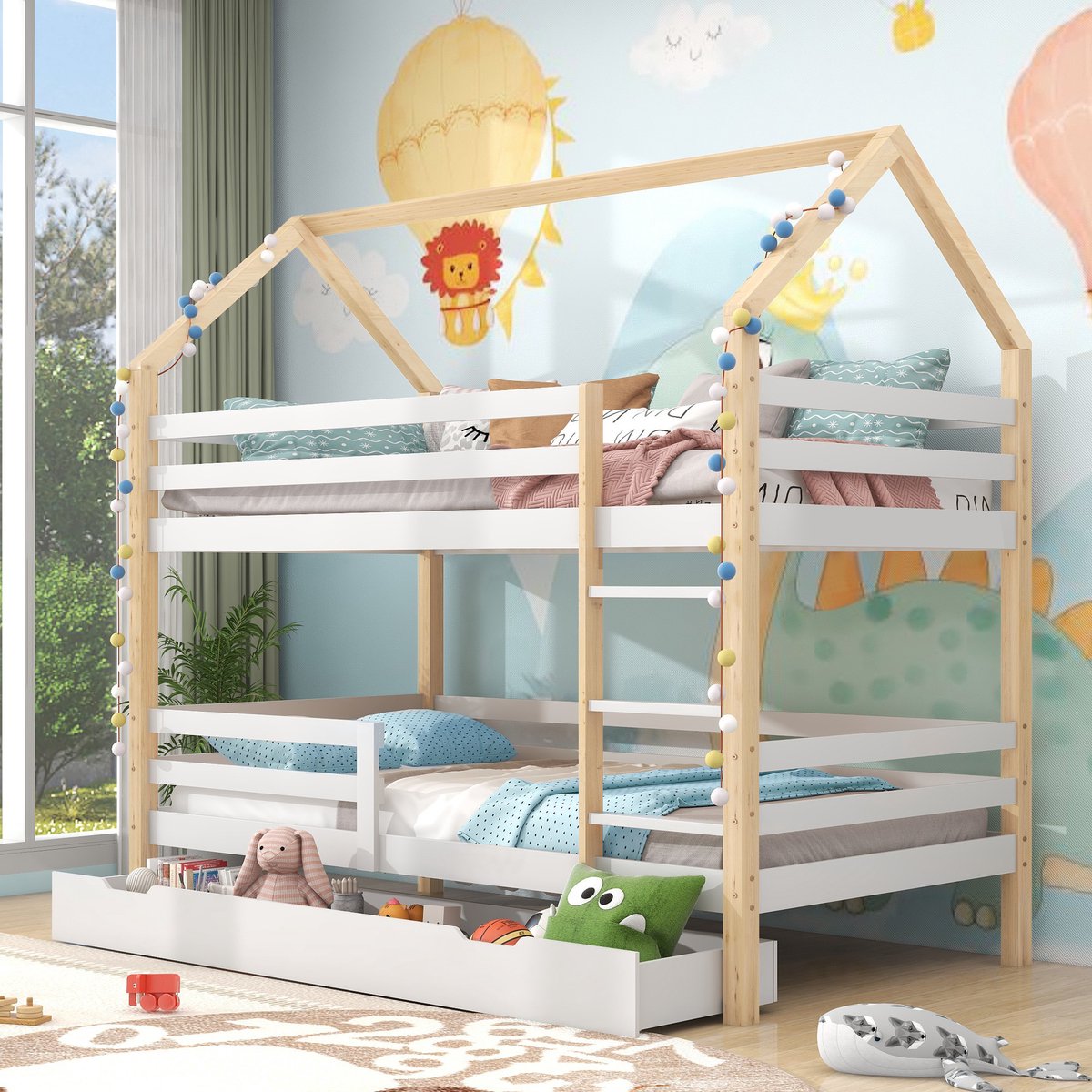 Dennenhouten huisbed voor kinderen-dubbel bed in huisvorm met grote laden- 90 x 200 cm(zonder matras)-Natuurlijk wit
