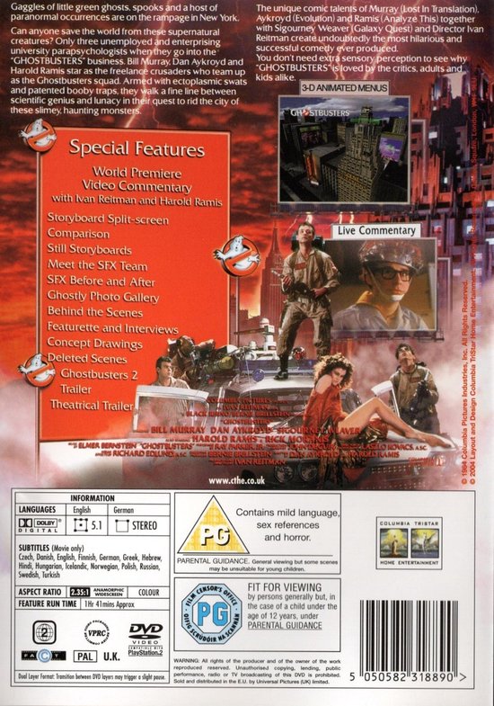 De Ghostbusters staan op de achterbank van de Ecto-1. Bill Murray, Dan Aykroyd en Harold Ramis zitten in de auto.