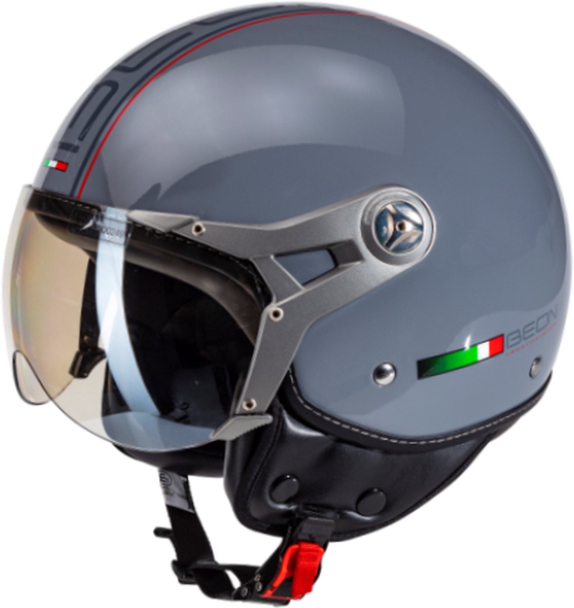BEON DESIGN-B Scooterhelm met vizier - Geschikt als Brommer Motor Snorfiets helm - Retro Vespa scooterhelm - Volwassenen - S - Nardo Grijs - Jethelm incl Gratis helmtas