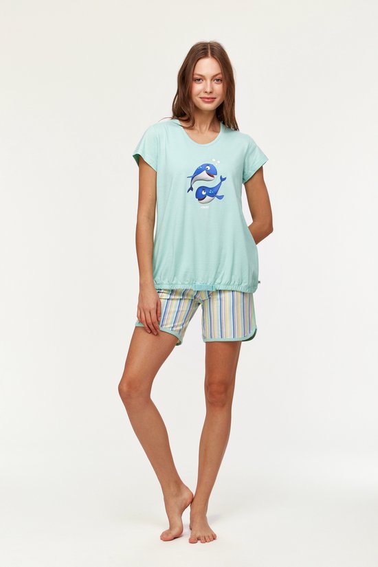 Woody pyjama meisjes/dames - turquoise - walvis - 231-1-BST-S/702 - maat XL