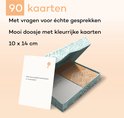 Een open speldoos met 90 kaarten en tekst die de inhoud beschrijft.