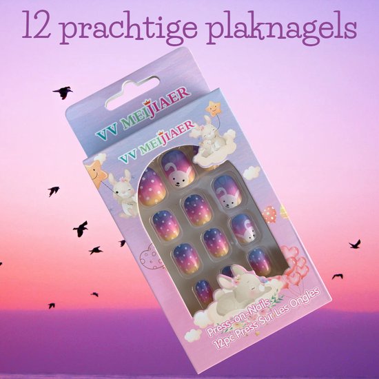 Plaknagels | Valse Nagels voor Kinderen | Geen Lijm Nodig | Plakstrip | Rainbow Bunny