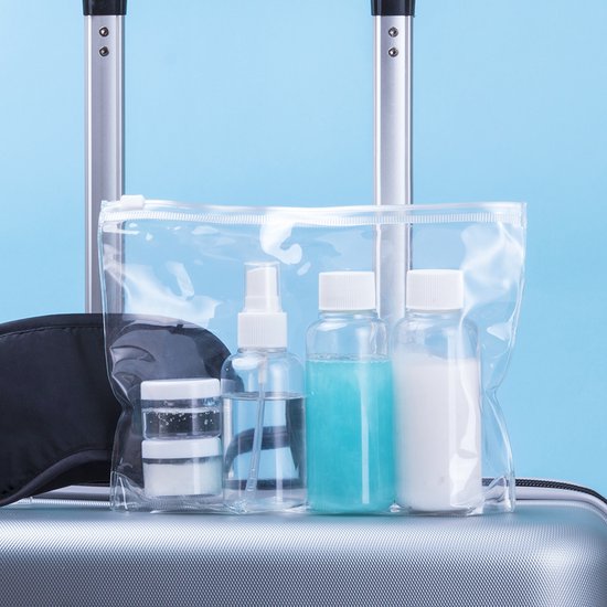 Trousse de voyage - Trousse de toilette transparente - Trousse de maquillage - Trousse à crayons - Bouteilles de voyage - Bagage à main - 20 x 18 cm - PVC